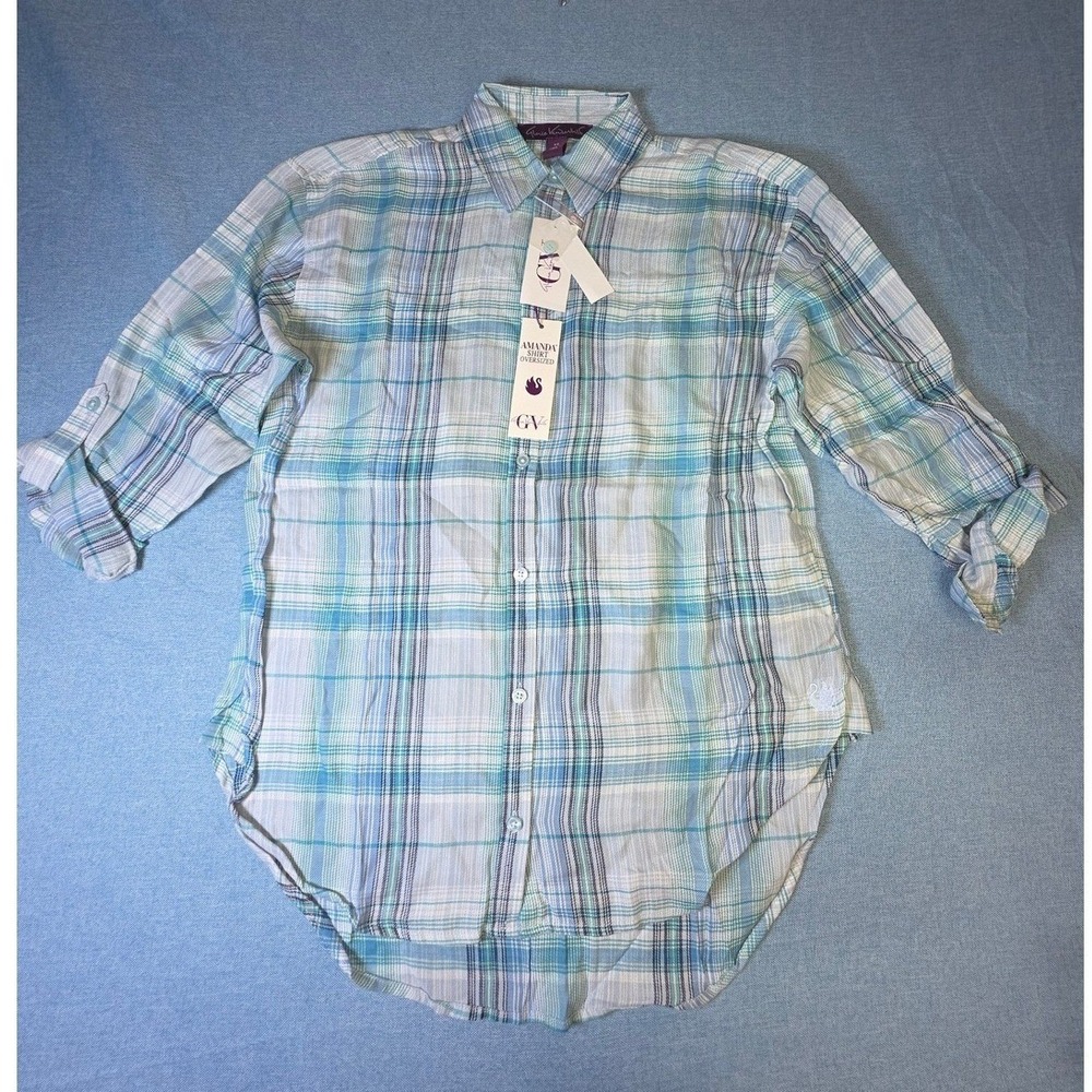 Gloria Vanderbilt Amanda Oversized Shirt Womens XS Blue Green Plaid Button Down